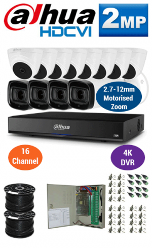 2MP Custom DAHUA Turbo HD Package - 4K 16Ch DVR, 4x 60m IR Motorised Zoom Bullet Cameras and Dome Cameras | WCCTV